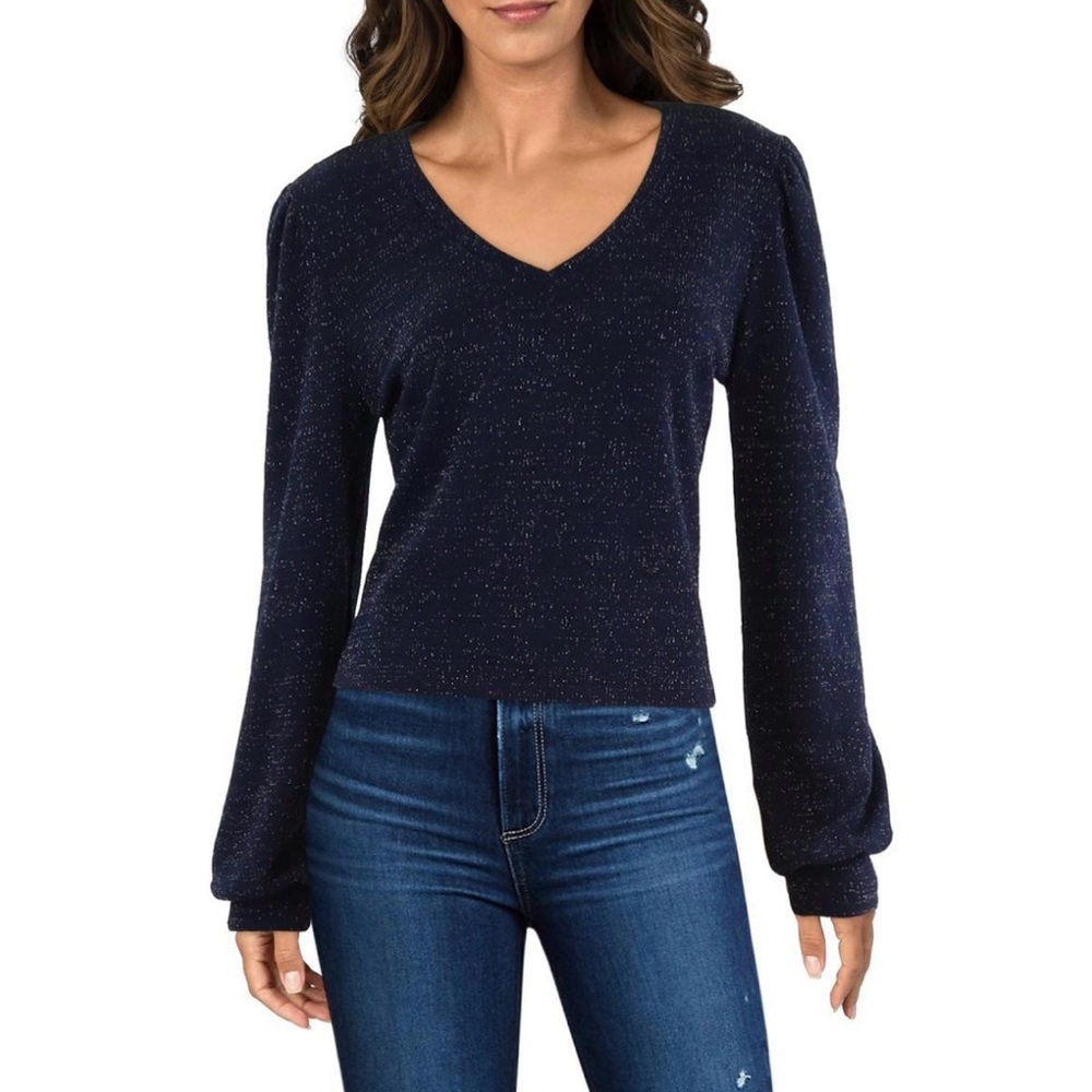 Aqua Navy with metallic sparkle puff sleeve v neck shirt